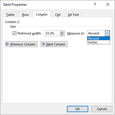 Column tab in Table Properties Word 365