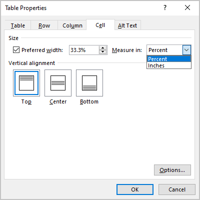 Cell tab in Table Properties Word 365