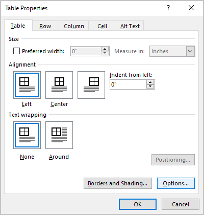 Options in Table Properties dialog box Word 365