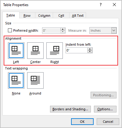 Table Properties dialog box in Word 365