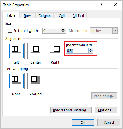 Indent from left in Table Properties dialog box Word 365