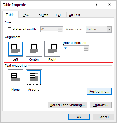 Positioning in Table Properties dialog box Word 365
