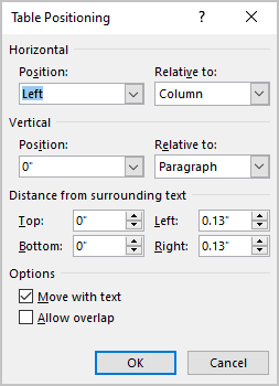 Table Positioning dialog box in Word 365