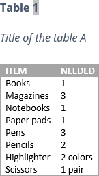 The table title in Word 365