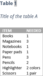 The table title in Word for Microsoft 365 The table title in Word 365