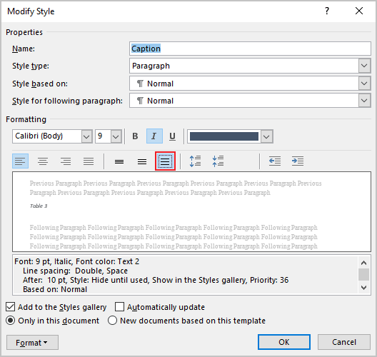 Line spacing in Manage Styles dialog box Word 365
