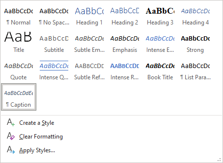 Caption style in Styles Gallery Word 365
