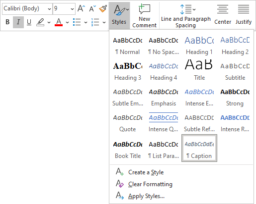 Caption style in popup menu Word 365