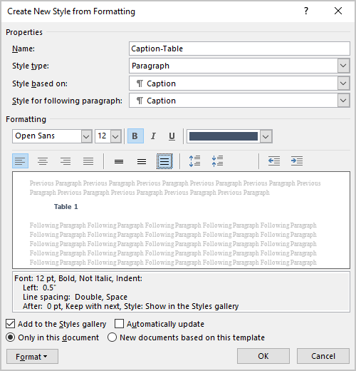 Create New Style from Formatting dialog box in Word 365