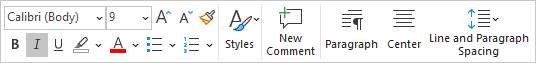 Font and Paragraph groups in mini toolbar Word 365