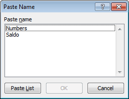 Paste Name in Excel 2010