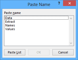 Paste Name in Excel 2013