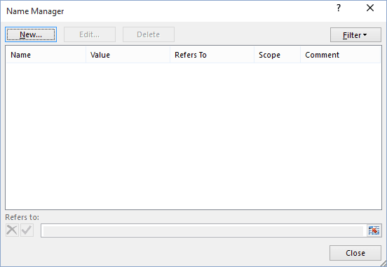 Name Manager dialog box in Excel 2016