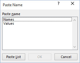 Paste Name in Excel 2016