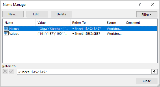 Name Manager dialog box in Excel for Microsoft 365 Name Manager dialog box in Excel 365