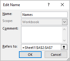 Edit Name dialog box in Excel 365