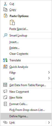 Define Name in popup menu Excel 365