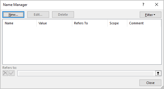 Name Manager dialog box in Excel 365