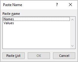 Paste Name in Excel 365