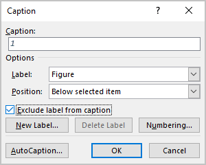 Exclude label from caption in Caption dialog box Word 365