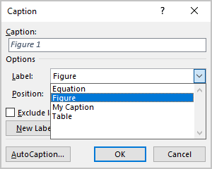 Labels in Caption dialog box Word 365