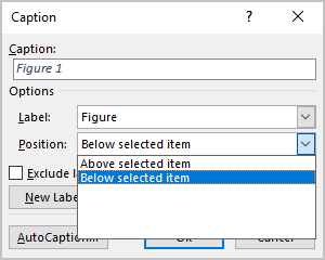 Position in Caption dialog box Word 365