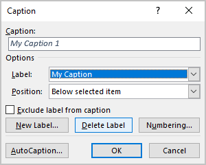 Delete Label in Captions dialog box Word 365