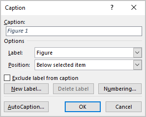 Caption dialog box in Word 365