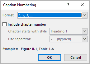 Caption Numbering dialog box in Word 365