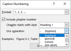 Use separator in Caption Numbering dialog box Word 365