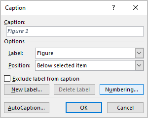 Numbering in Caption dialog box Word 365