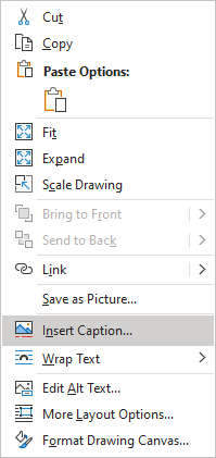 Insert Caption for text box in popup menu Word 365