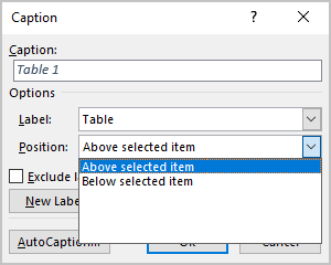 Position in Caption dialog box Word 365