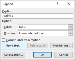 Add new label in Caption dialog box Word 365