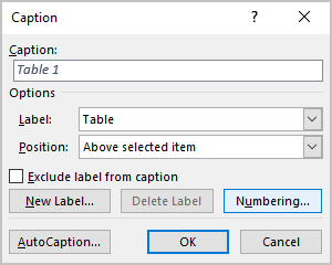 Numbering in Caption dialog box Word 365