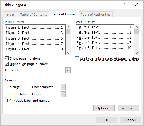 Web Preview in Table of Figures Word 365