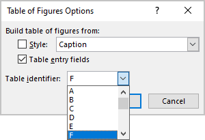 Table entry fields in Table of Figures Options Word 365