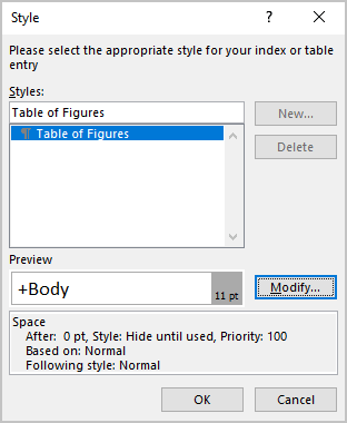 Style Table of Figures in Word 365