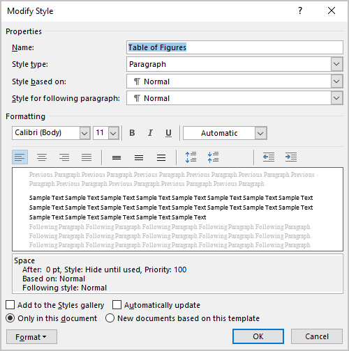 Modify Style Table of Figures in Word 365