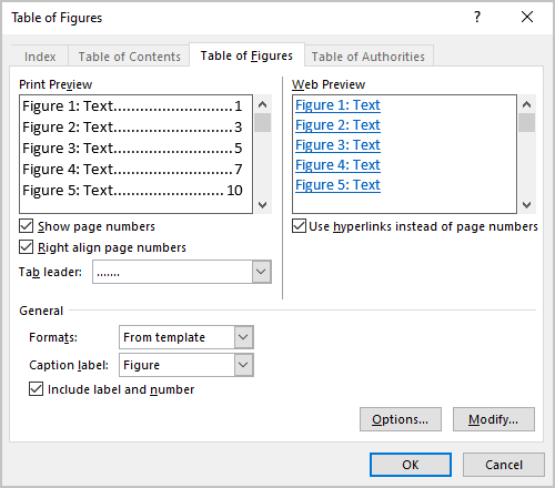 Table of Figures dialog box in Word 365