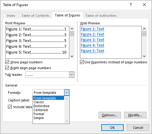 Formats in Table of Figures dialog box Word 365