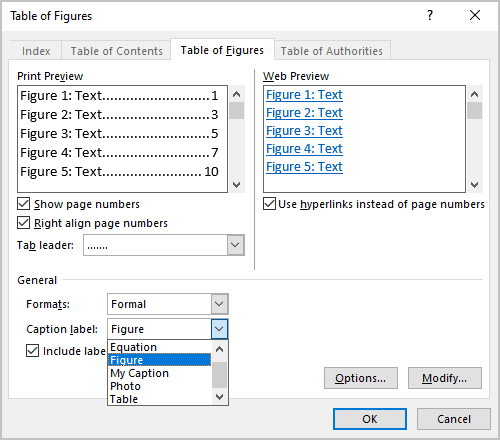 Caption label in Table of Figures dialog box Word 365