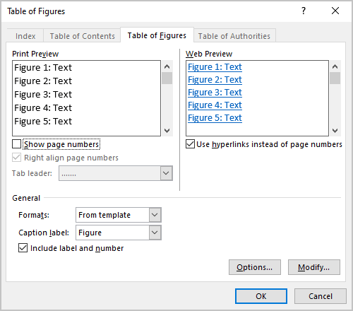 Show page numbers in Table of Figures Word 365