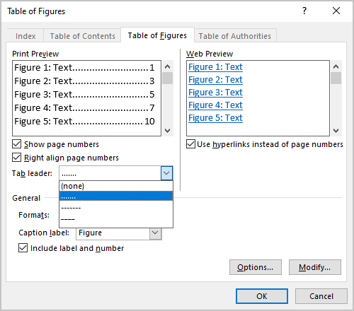 Tab leader in Table of Figures Word 365