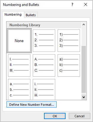 Numbering and Bullets dialog box in Word 365