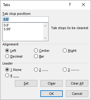 Tab dialog box in Word 365