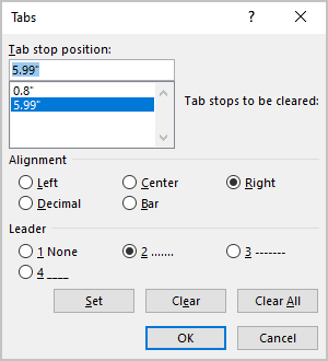 Tab stop position in Tab dialog box Word 365