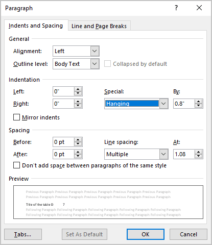 Paragraph dialog box in Word 365