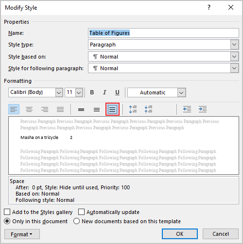 Double space for Table of Figures in Word 365