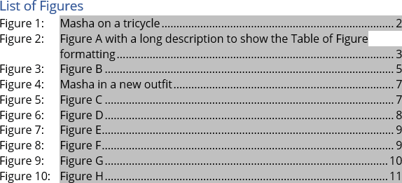 Example spacing Table of Figures in Word 365